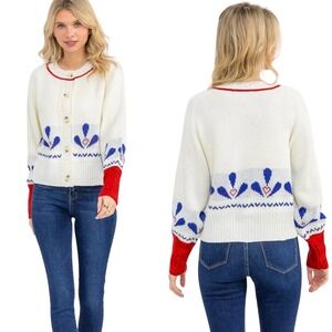 River Cream Red Blue Fair Isle Knit Cardigan Sweater‎ Women Medium NEW